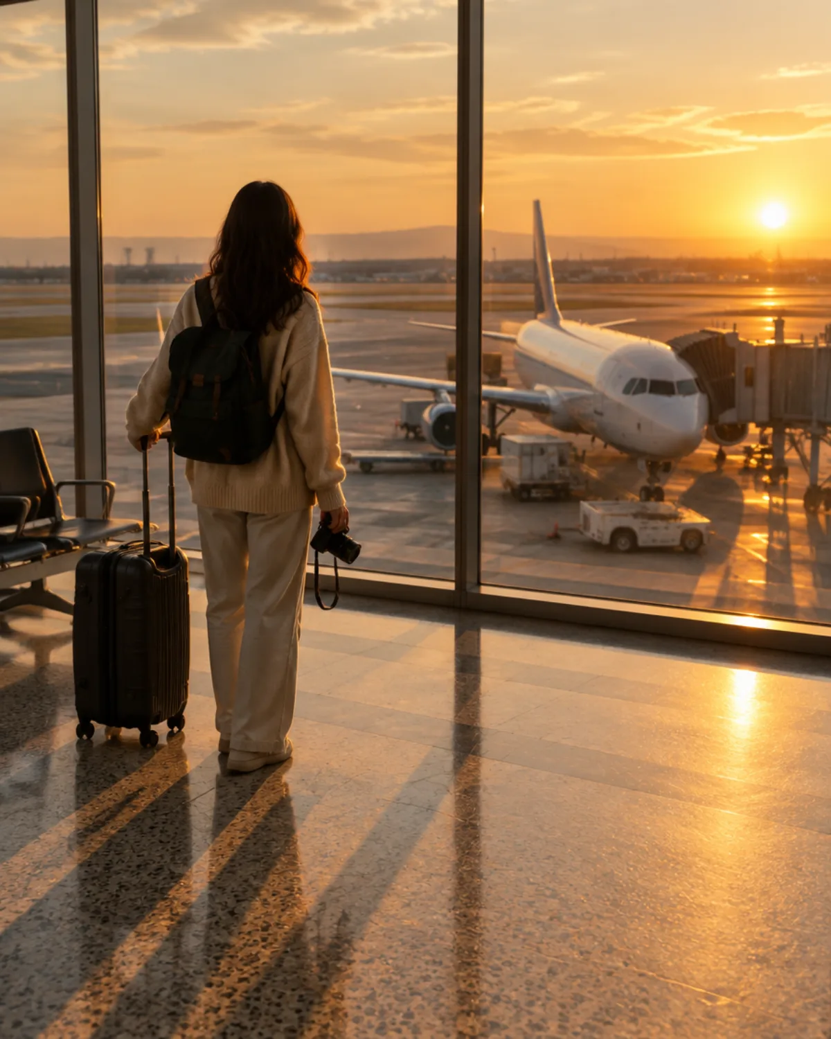 A traveller at an airport gate at golden hour