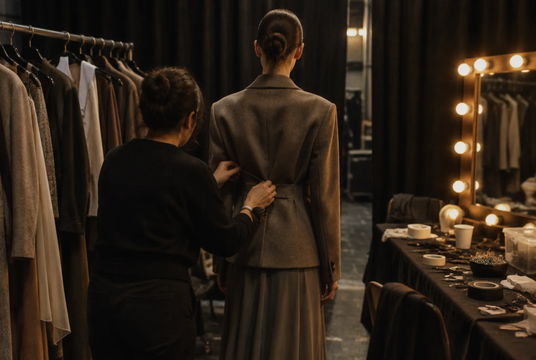 Backstage at a fashion show, a dresser adjusting a jacket