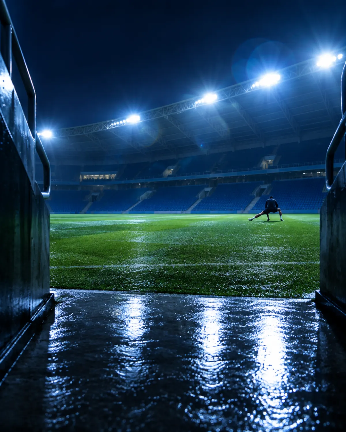 A stadium pitch under floodlights seen from the tunnel